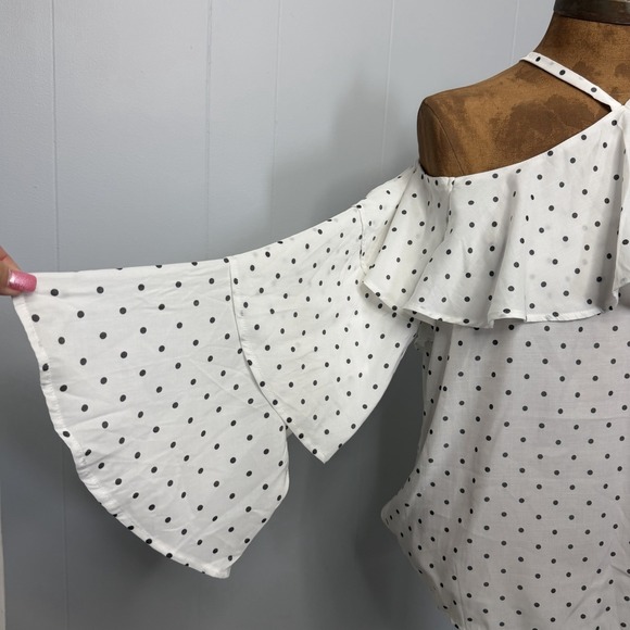 Express Top Womens Size M White Polka Dot Off The Shoulder Long Sleeve Boho - Picture 3 of 8